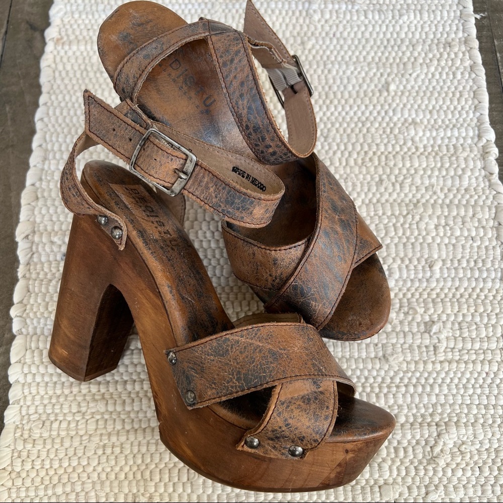 Bed Stu Womens Madeline Sandals Beige Leather Platform Heel Ankle Strap - Picture 3 of 8
